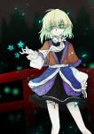  1girl absurdres ahoge aizettonagi arm_warmers bags_under_eyes bangs black_dress blonde_hair brown_shirt closed_mouth danmaku dress expressionless feet_out_of_frame flat_chest green_eyes highres looking_to_the_side mizuhashi_parsee pale_skin pointy_ears railing shirt short_hair short_sleeves solo stalactite touhou wilted_ahoge 