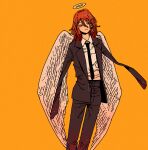  1boy angel_devil_(chainsaw_man) angel_wings armless black_jacket black_necktie black_pants chainsaw_man collared_shirt hair_between_eyes halo highres jacket long_hair looking_to_the_side necktie orange_hair pants red_eyes shirt simple_background solo tamagosan1001 white_shirt white_wings wings yellow_background 