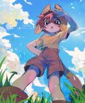  +_+ 1boy bare_shoulders blue_sky brown_headwear brown_shorts camooh clouds cloudy_sky commentary english_commentary from_below goggles goggles_on_head grass highres looking_down male_child male_focus off_shoulder on_grass open_mouth original outdoors redhead shirt short_hair shorts sky solo tail yellow_shirt 