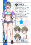  1girl absurdres brown_hair commentary earrings english_text eyewear_on_head highres jewelry necklace original reference_sheet sandals short_hair smile solo sunglasses swimsuit tattoo thick_thighs thighs tomboy translated 