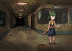  1girl abandoned absurdres ascot bangs battery_indicator blue_skirt blue_vest bow brown_footwear ceiling_light closed_eyes closed_mouth commentary_request cookie_(touhou) daiyousei diyusi_(cookie) door full_body green_hair hair_bow hallway hide_(acceed) high-visibility_vest highres holding horror_(theme) hospital indoors manatsu_no_yo_no_inmu medium_hair pinky_(inmu) ponytail shirt shoes short_sleeves skirt socks standing touhou traffic_baton tsugumi_amon vest white_shirt white_socks yellow_ascot yellow_bow 