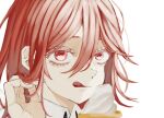  1boy adjusting_hair angel_devil_(chainsaw_man) bangs chainsaw_man close-up collared_shirt food hair_between_eyes highres ice_cream long_hair looking_at_viewer messy_hair red_eyes redhead shirt simple_background solo tongue tongue_out white_background white_shirt woruworu_61 