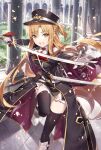  1girl asuna_(sao) black_thighhighs brown_eyes brown_hair gabiran gloves hat highres holding holding_sword holding_weapon long_sleeves looking_at_viewer military military_uniform open_mouth saber_(weapon) smile sword sword_art_online teeth thigh-highs thighs titania_(sao) uniform upper_teeth weapon white_gloves zettai_ryouiki 