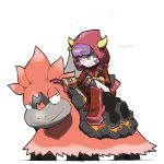  1girl blacknirrow camerupt closed_mouth courtney_(pokemon) english_text gloves hood hood_up horned_hood horns mega_camerupt mega_pokemon petting pink_gloves pokemon pokemon_(game) pokemon_oras purple_hair short_hair simple_background smile split_mouth team_magma turtleneck violet_eyes white_background 