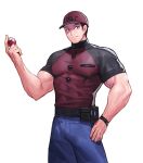 1boy belt belt_bag blue_eyes courier_trainer denim feet_out_of_frame hand_on_hip hat iker_(pokemon) jeans jin_(sirius-j) male_focus manly mature_male muscular muscular_male pants pectorals poke_ball pokemon pokemon_(game) pokemon_sv shirt simple_background smile solo thick_arms thick_eyebrows tight white_background 
