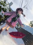  1girl anyannko blush boots brown_eyes brown_hair brown_skirt hair_bobbles hair_ornament highres jacket medium_hair miniskirt open_mouth original outdoors pink_jacket scarf shiny shiny_hair shirt skirt snow snowing solo striped striped_shirt twintails umbrella winter_clothes 