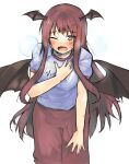  1girl \||/ alternate_costume bangs bat_wings blush breasts breath exhausted ginnkei hand_on_own_chest head_wings highres koakuma leaning_forward long_hair looking_at_viewer low_wings medium_breasts nail_polish one_eye_closed open_mouth red_eyes red_nails redhead shirt short_sleeves simple_background solo touhou very_long_hair white_background white_shirt wings 