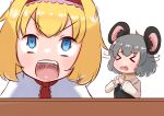  &gt;_&lt; 2girls absurdres alice_margatroid animal_ears bangs blonde_hair blue_eyes blush capelet closed_eyes commentary_request cookie_(touhou) crystal frilled_hairband frills grey_hair hairband highres ichigo_(cookie) jewelry long_sleeves mouse_ears mouse_girl multiple_girls nazrin necktie nyon_(cookie) open_mouth pendant red_hairband red_necktie shirt short_hair shouting simple_background table touhou tsugumi_amon upper_body v-shaped_eyebrows white_background white_capelet white_shirt 