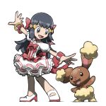  1girl :d black_eyes black_hair blacknirrow bow bracelet buneary collared_dress dress english_commentary full_body hair_bow high_heels hikari_(pokemon) jewelry legs_apart long_hair mary_janes open_mouth outstretched_arms pokemon pokemon_(game) pokemon_dppt puffy_short_sleeves puffy_sleeves shoes short_sleeves simple_background smile spread_arms standing white_background yellow_bow 