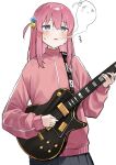 1girl @_@ absurdres blue_eyes blush bocchi_the_rock! cube_hair_ornament electric_guitar ghost gibson_les_paul giving_up_the_ghost gotou_hitori green_happy000 grey_skirt guitar hair_cubes hair_ornament highres holding holding_instrument instrument jacket long_hair one_side_up pink_hair pink_jacket pleated_skirt simple_background skirt solo sweat track_jacket upper_body white_background 
