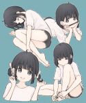  1girl 1ssakawaguchi absurdres barefoot black_eyes black_hair bob_cut clipping_nails closed_eyes dolphin_shorts highres lying nail_clippers on_side original pedicure pencil pencil_mustache short_shorts shorts simple_background sitting twintails 