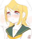  1girl bare_shoulders blonde_hair blue_eyes blush bow embarrassed hair_bow hair_ornament hairclip kagamine_rin mimi_mine neckerchief nervous number_tattoo pale_skin sailor_collar shoulder_tattoo sketch solo tattoo treble_clef vocaloid wavy_mouth white_bow yellow_neckerchief 