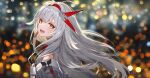  1girl absurdres blurry blurry_background blush character_request do2mi_doreimi grey_hair hairband highres long_hair looking_at_viewer open_mouth red_hairband short_eyebrows smile teeth tower_of_fantasy yellow_eyes 