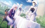  3girls bangs breasts castle chair cup dress fate/stay_night fate_(series) holding holding_teapot holding_tray illyasviel_von_einzbern large_breasts leysritt_(fate) long_hair long_sleeves maid multiple_girls nun open_mouth pouring red_eyes sella_(fate) short_hair sitting skirt small_breasts smile table tablecloth tea teapot tenmaso tray white_hair 