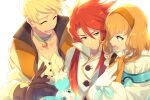  1girl 2boys ascot blonde_hair echo_(circa) gloves green_eyes guy_cecil hairband luke_fon_fabre multiple_boys natalia_luzu_kimlasca_lanvaldear open_mouth orange_ascot redhead short_hair simple_background smile tales_of_(series) tales_of_the_abyss white_background 