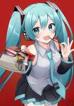  absurdres blue_eyes blue_hair blue_nails blue_necktie dated detached_sleeves food hatsune_miku highres holding holding_food holding_pocky long_hair long_sleeves looking_at_viewer necktie noneon319 open_mouth pocky red_background signature simple_background skirt smile twintails vocaloid 