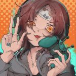  bandages brown_hair controller gradient gradient_background green_background green_nails grey_hoodie headphones heart heart-shaped_eyes highres holding holding_controller hood hoodie nail_polish open_mouth orange_background shiro_iku smile squinting tongue v yellow_eyes 