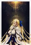  1girl armor bakushi_(kaeritai0609) black_gloves blonde_hair blood blood_on_face blue_bow bow breastplate cape character_request fate_(series) gloves green_eyes hair_bow highres long_hair looking_up parted_lips smile solo upper_body very_long_hair white_cape 