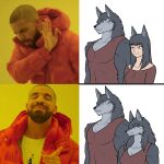  1girl 2boys angrycr0bar animal_ears animal_nose beard body_fur breasts comparison drake_(rapper) drakeposting_(meme) facial_hair frown furry furry_female furry_male grey_fur hand_up highres index_finger_raised jacket meme multiple_boys orange_jacket original pointing red_shirt sexual_dimorphism shirt simple_background smile snout two-tone_fur upper_body white_background wolf_boy wolf_ears wolf_girl yellow_background 