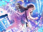1girl bang_dream! black_hair confetti dress green_eyes guitar hanazono_tae holding_instrument long_hair official_art shooting_star smile stage stage_lights star_(sky)