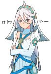  1girl absurdres aduti_momoyama ahoge alternate_costume azura_(fire_emblem) azura_(fire_emblem)_(cosplay) bangs bare_shoulders closed_mouth commentary_request cosplay crossed_arms detached_collar detached_sleeves dress fingernails fire_emblem fire_emblem_fates grey_eyes gundam gundam_suisei_no_majo hair_between_eyes hair_tubes highres long_hair looking_at_viewer lynn_(seiyuu) miorine_rembran simple_background solo translation_request veil very_long_hair voice_actor_connection white_background white_dress white_hair white_sleeves 