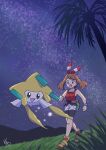  1girl :d bike_shorts bike_shorts_under_shorts bow_hairband bracelet brown_hair clenched_hands commentary fanny_pack grass green_bag grey_eyes hairband highres jewelry jirachi may_(pokemon) mutou610 night open_mouth outdoors palm_tree pokemon pokemon_(creature) pokemon_(game) pokemon_oras shirt shoes short_shorts shorts silhouette sky sleeveless sleeveless_shirt smile standing tree walking white_shorts yellow_footwear 