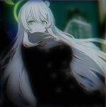  1girl arm_behind_back blue_archive breasts building coat green_eyes green_hair halo highres large_breasts long_coat long_hair nonomi_(blue_archive) samess_333 