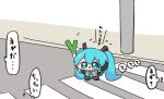  1girl blue_eyes blue_hair chibi commentary crosswalk food hair_ornament hatsune_miku holding holding_food holding_spring_onion holding_vegetable long_hair nontao outdoors road speech_bubble spring_onion street thought_bubble translated twintails vegetable vocaloid 