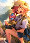  1boy :d astolfo_(fate) backpack bag braid camera commentary english_commentary fang fate/apocrypha fate_(series) hat highres hiking holding holding_camera khyle. long_braid long_hair looking_at_viewer male_focus menstrual_pad monster_energy open_mouth otoko_no_ko outdoors pink_hair shoes short_shorts shorts single_braid skin_fang smile sneakers solo violet_eyes 