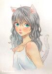  1girl absurdres animal_ears artist_name blue_eyes blush cat_ears cat_tail grey_hair highres long_hair looking_at_viewer original painting_(medium) shirt simple_background sleeveless sleeveless_shirt solo tail traditional_media watercolor_(medium) white_background white_shirt yamatotsubame 