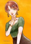  1girl absurdres artist_name bangs black_skirt bracelet breasts brown_hair earrings green_shirt hand_up highres jewelry looking_at_viewer original painting_(medium) parted_bangs red_nails ring shirt short_hair short_sleeves simple_background skirt small_breasts traditional_media watercolor_(medium) yamatotsubame yellow_background 
