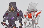  2girls apex_legends ash_(titanfall_2) chain_of_command_ash existential_threat_ash grey_background hand_on_hip highres hood hood_up humanoid_robot looking_at_viewer multiple_girls official_alternate_costume robot ruu47 science_fiction simulacrum_(titanfall) upper_body violet_eyes 