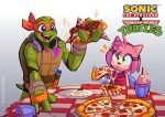  1boy 1girl amy_rose animal_ears arsworlds blue_eyes cheese cheese_trail commentary drinking_straw eating food french_fries furry furry_female gloves green_eyes headphones headphones_around_neck highres holding holding_food holding_pizza ice_cream ice_cream_float looking_at_another looking_at_food mask ninja open_mouth pepperoni pink_fur pink_hair pizza pizza_slice plate simple_background smile sonic_(series) table teenage_mutant_ninja_turtles teeth turtle white_gloves 