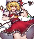  1girl :d absurdres ascot back_bow blonde_hair bow collared_shirt cowboy_shot fangs flandre_scarlet frilled_shirt_collar frilled_skirt frilled_sleeves frills hair_between_eyes hat hat_ribbon highres holding holding_polearm holding_weapon laevatein_(touhou) looking_at_viewer medium_hair mob_cap multicolored_wings open_mouth pointy_ears polearm puffy_short_sleeves puffy_sleeves red_eyes red_footwear red_ribbon red_skirt red_vest ribbon shirt shishui_guima short_sleeves side_ponytail simple_background skirt skirt_set smile solo standing standing_on_one_leg touhou vest weapon white_background white_bow white_headwear white_shirt wings wrist_cuffs yellow_ascot 