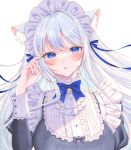  1girl animal_ear_fluff animal_ears bell black_dress blue_bow blue_eyes bow breasts commentary_request dress grey_hair hair_intakes hand_up jingle_bell juliet_sleeves large_breasts long_hair long_sleeves maid maid_headdress marker_(medium) neck_bell original parted_lips puffy_sleeves sakura_shiho simple_background solo traditional_media upper_body very_long_hair white_background 
