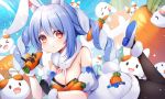  1girl :t animal_ears bangs bare_shoulders black_gloves black_leotard black_pantyhose blue_hair blush braid breasts bunny-shaped_pupils carrot carrot_hair_ornament chewing coat detached_sleeves eating eneru_(enepuni) food-themed_hair_ornament fur-trimmed_gloves fur_scarf fur_trim gloves hair_between_eyes hair_ornament highres hololive leotard leotard_under_clothes long_hair lying medium_breasts multicolored_hair nousagi_(usada_pekora) on_stomach pantyhose puffy_detached_sleeves puffy_short_sleeves puffy_sleeves rabbit_ears rabbit_girl rabbit_tail red_eyes scarf short_sleeves sidelocks solo strapless strapless_coat strapless_leotard swept_bangs symbol-shaped_pupils tail tail_through_clothes thick_eyebrows twin_braids twintails two-tone_hair usada_pekora virtual_youtuber white_coat white_hair white_scarf white_sleeves 