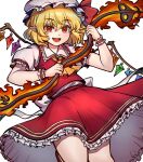  1girl :d absurdres ascot back_bow blonde_hair bow collared_shirt cowboy_shot fangs flaming_weapon flandre_scarlet frilled_shirt_collar frilled_skirt frilled_sleeves frills hair_between_eyes hat hat_ribbon highres holding holding_polearm holding_weapon laevatein_(touhou) looking_at_viewer medium_hair mob_cap multicolored_wings open_mouth pointy_ears polearm puffy_short_sleeves puffy_sleeves red_eyes red_footwear red_ribbon red_skirt red_vest ribbon shirt shishui_guima short_sleeves side_ponytail simple_background skirt skirt_set smile solo standing standing_on_one_leg touhou vest weapon white_background white_bow white_headwear white_shirt wings wrist_cuffs yellow_ascot 