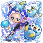  1girl arm_up bangs bird black_footwear black_pants blue_hair blue_shirt capri_pants commentary_request duck fighting_stance forehead froakie frog green_eyes grin highres holding holding_poke_ball iria_(yumeirokingyo) looking_at_viewer octoling octoling_girl open_mouth pants parted_bangs penguin piplup poke_ball poke_ball_(basic) pokemon pokemon_(creature) print_shirt quaxly sandals shirt short_eyebrows short_hair short_sleeves sidelocks smile sobble splatoon_(series) splatoon_3 standing t-shirt teeth tentacle_hair tight tight_pants v-shaped_eyebrows water water_drop white_background 