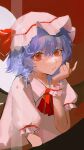  1girl ascot blue_hair chinese_commentary chinese_text closed_mouth collared_shirt commentary_request dounaihu film_grain frilled_sleeves frills hat hat_ribbon highres mob_cap red_ascot red_eyes red_ribbon remilia_scarlet ribbon shirt short_hair short_sleeves solo touhou translation_request white_headwear white_shirt 
