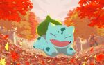  :d autumn autumn_leaves bulbasaur closed_eyes commentary_request facing_viewer fangs kricketot kricketune leaf no_humans open_mouth pokemon pokemon_(creature) smile tree yuki_aoi_(konno) 
