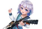  1girl :d bangs blue_eyes blue_hair blue_ribbon blue_sailor_collar blue_skirt commentary_request copyright_request cosplay electric_guitar grey_hair guitar hair_between_eyes hair_ornament hair_ribbon hairclip highres holding holding_instrument holding_plectrum instrument long_sleeves looking_at_viewer multicolored_hair nail_polish pleated_skirt plectrum puffy_long_sleeves puffy_sleeves purple_nails reityana ribbon sailor_collar shirt simple_background skirt smile solo suzumiya_haruhi suzumiya_haruhi_(cosplay) suzumiya_haruhi_no_yuuutsu two-tone_hair v-shaped_eyebrows virtual_youtuber white_background white_shirt 