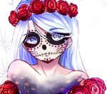  1girl artist_request blue_eyes blue_hair character_request copyright_request dia_de_muertos flower head_wreath long_hair looking_at_viewer multicolored_hair non-web_source red_flower red_rose rose skeleton_print source_request two-tone_hair upper_body white_background white_hair 