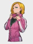  1girl android_18 black_shirt blonde_hair blue_eyes closed_mouth dragon_ball dragon_ball_super earrings grey_background jacket jewelry kemachiku long_sleeves looking_at_viewer pink_jacket shirt short_hair simple_background solo track_jacket zipper 