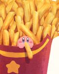  blue_eyes blush blush_stickers commentary eating food food_in_mouth french_fries highres kirby kirby_(series) looking_at_viewer miclot mouth_hold no_humans oversized_food simple_background star_(symbol) symbol-only_commentary white_background 