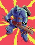  absurdres fighting_stance full_body highres ika_ninja jetpack looking_at_viewer mecha no_humans red_background robot solo standing super_robot tetsujin_28 tetsujin_28-gou utility_pole yellow_eyes 