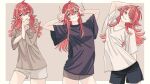  1girl :3 alternate_hairstyle black_shirt blush double_v head_tilt highres idolmaster idolmaster_shiny_colors komiya_kaho multiple_views one_eye_closed oversized_clothes paddy_field red_eyes redhead shirt shorts simple_background smile solo v white_shirt 