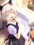  1girl absurdres apron blurry blurry_background closed_eyes commentary_request cooking curren_chan_(umamusume) grey_hair headband highres kitchen looking_at_viewer open_mouth pov pov_hands school_uniform short_hair solo solo_focus umamusume wnaph 