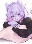  1girl animal_ears animal_nose bangs bell black_sweater blue_eyes blush body_fur cat_ears cat_girl cat_tail choker furry furry_female heart highres holding holding_pillow looking_at_viewer neck_bell original pillow portrait purple_choker redtiger_(ppalgang17) sketch smile solo sweater tail white_background 