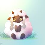  :3 animal_focus artist_name b-epon black_eyes blue_background closed_mouth colored_sclera dated full_body gradient gradient_background grass green_background happy no_humans pokemon pokemon_(creature) sheep signature simple_background sitting smile solo wooloo yellow_sclera 