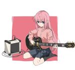  1girl absurdres amplifier blue_eyes blue_skirt bocchi_the_rock! electric_guitar full_body gotou_hitori guitar hair_ornament highres holding holding_instrument instrument jacket kneehighs long_hair long_sleeves man_ge music pink_hair pink_jacket playing_instrument seiza sitting skirt socks solo 